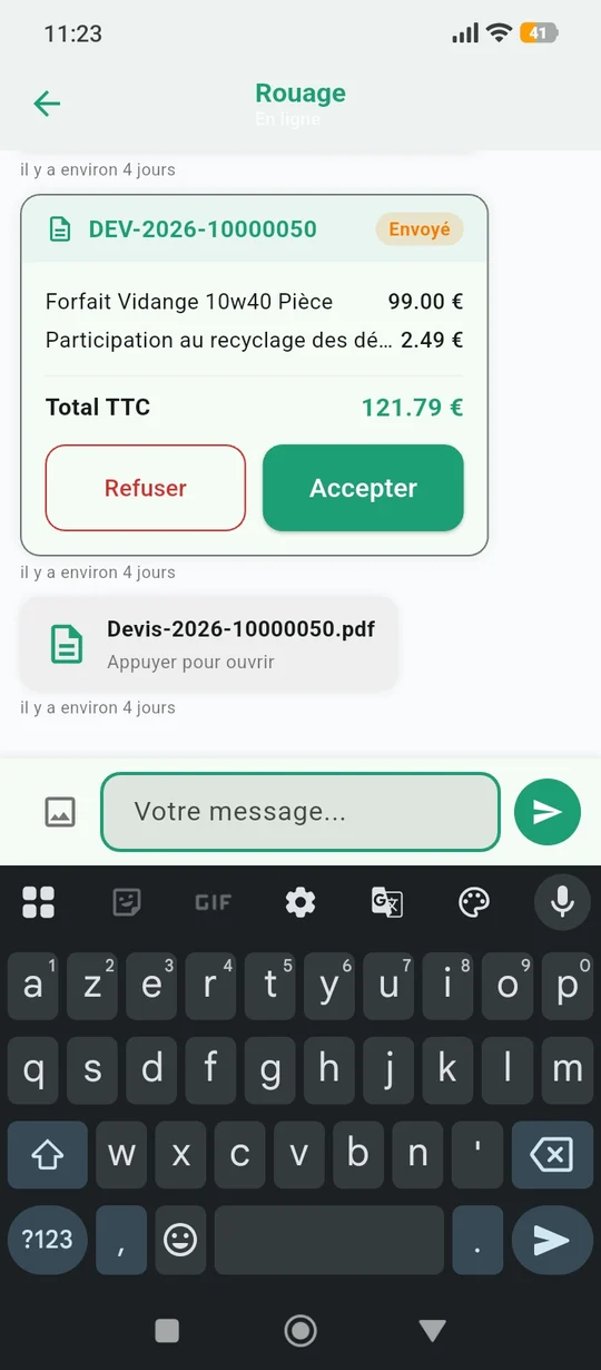 Application Rouage côté client : un devis reçu dans la messagerie du garage, avec son détail, son total et les boutons Refuser et Accepter.