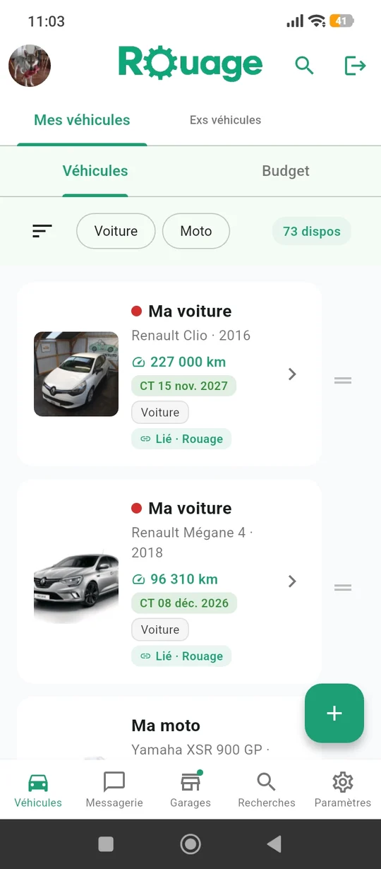 Application Rouage : liste de vos véhicules, avec pour chacun sa photo, son kilométrage, la date du prochain contrôle technique et le lien avec le garage.