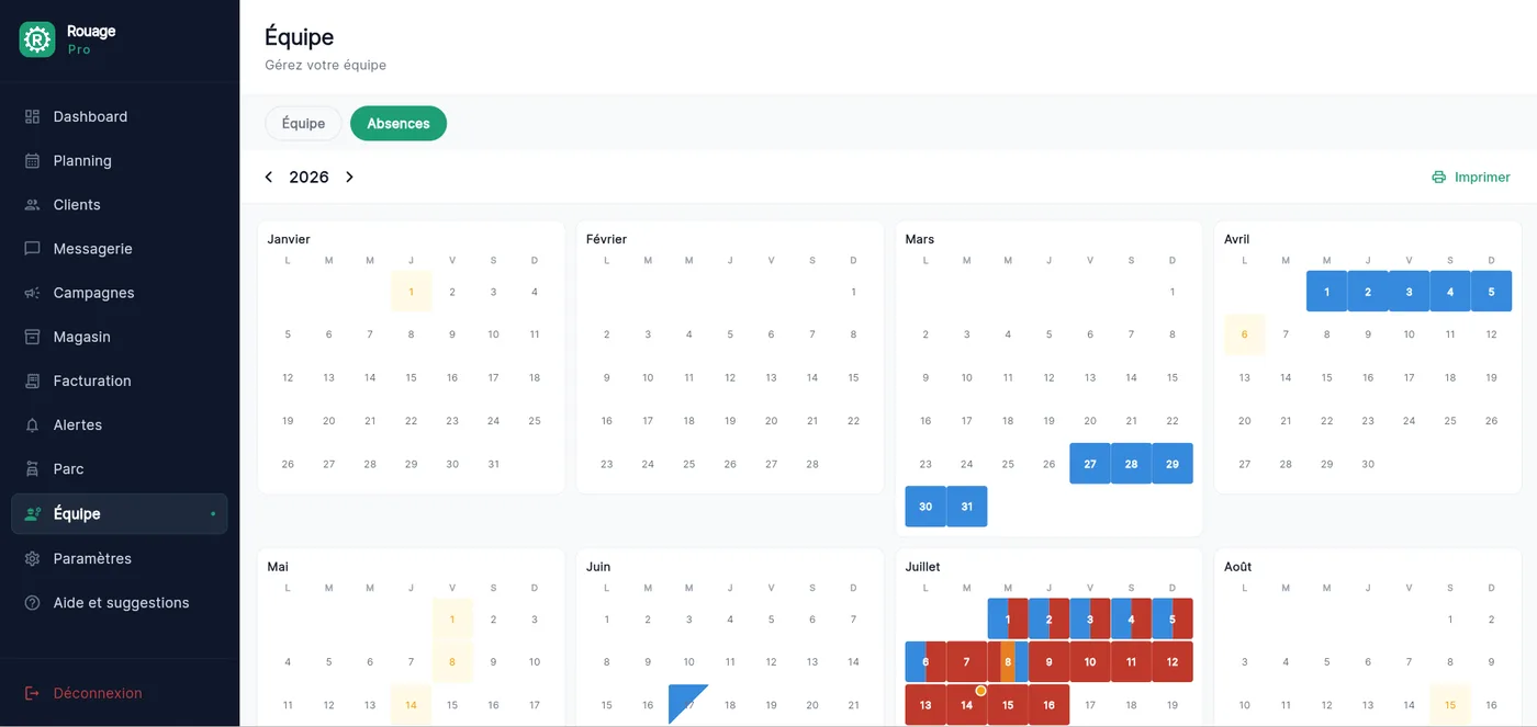 Onglet Absences de la page Équipe dans Rouage Pro : calendrier annuel 2026 où les absences des membres de l'équipe sont colorées jour par jour.