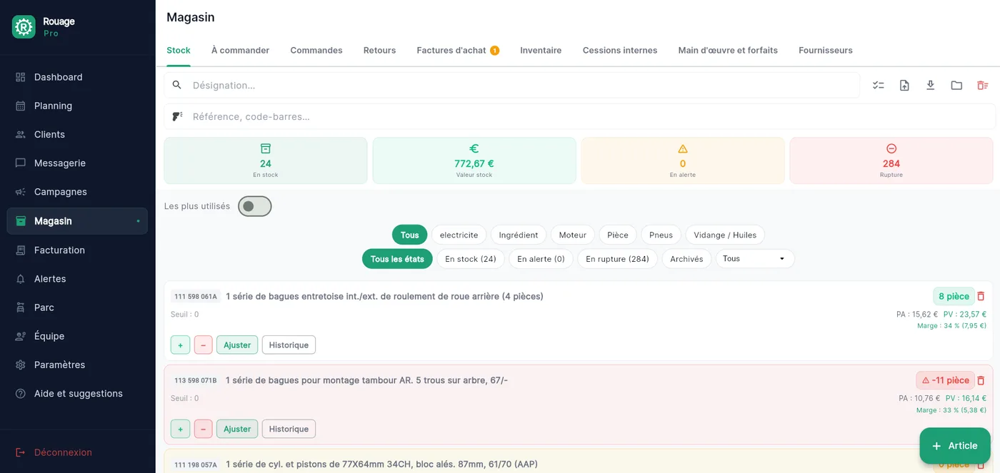 Stock du magasin dans Rouage Pro : nombre d'articles, valeur du stock, alertes et ruptures, puis la liste des pièces avec leur quantité, prix d'achat, prix de vente et marge.